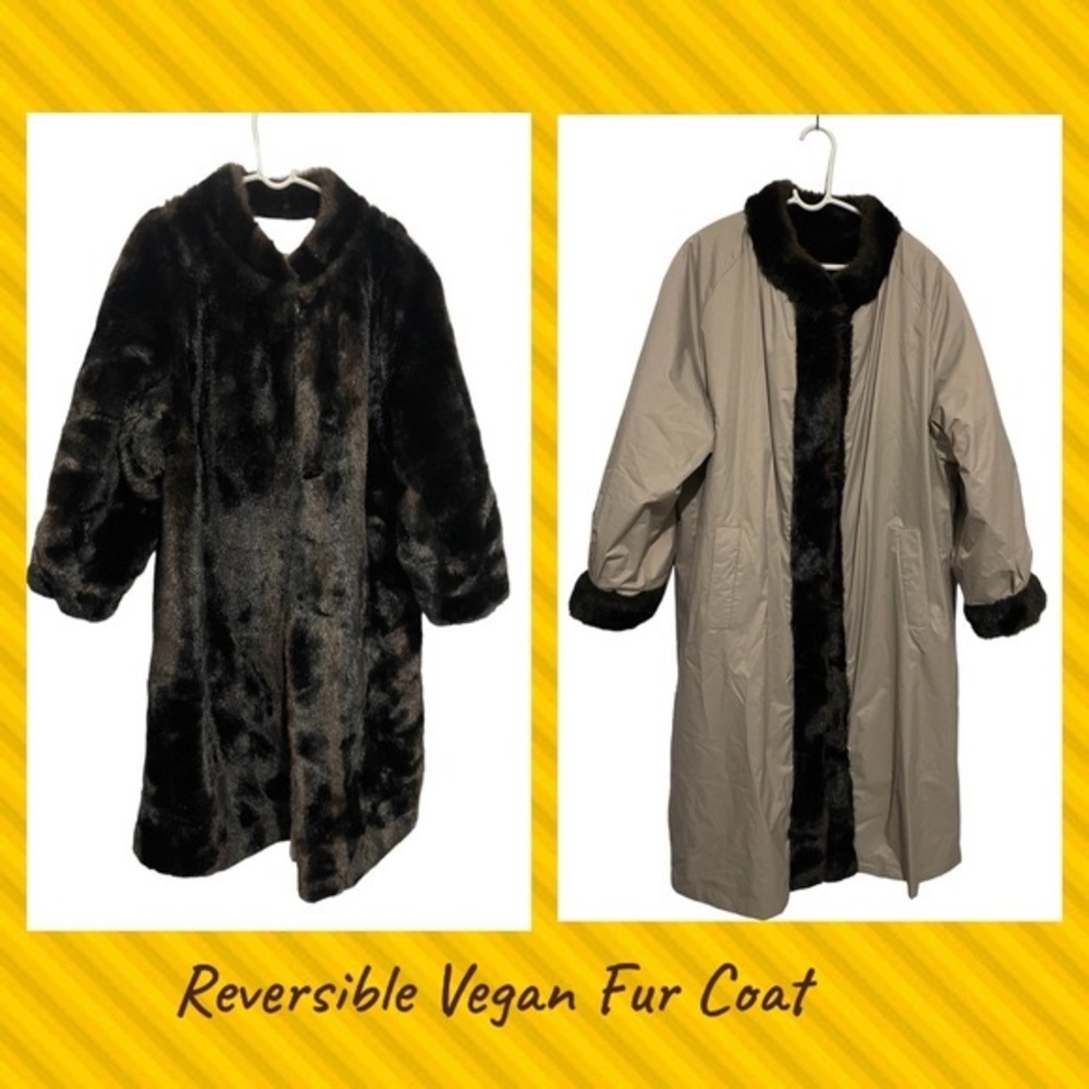 Full length double chocolate trench reversible Vegan fur coat Preloved. …